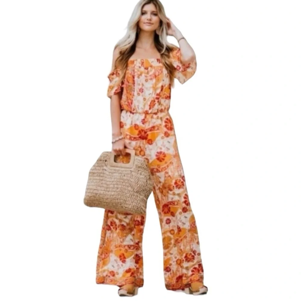 Free People Carmen Printed Off The Shoulder Wide Leg Jumpsuit Women’s Small